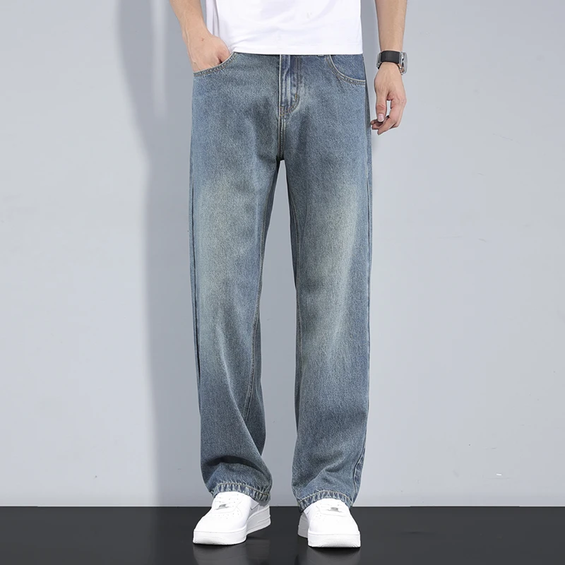 Thin summer style Men's Straight Fit Loose Light Blue Jeans Soft fabric ice silk casual pants for men