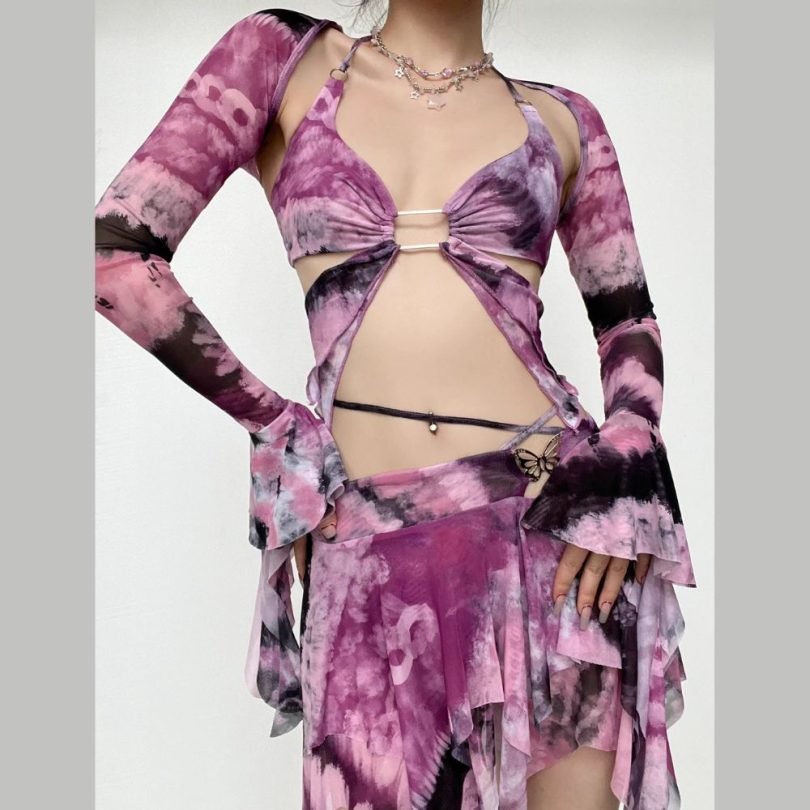 Flared sleeve tie dye o ring self tie halter low cut mini skirt set - Image 15