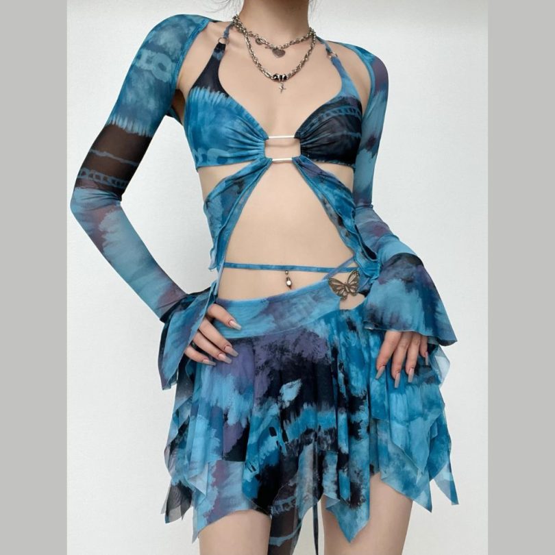 Flared sleeve tie dye o ring self tie halter low cut mini skirt set - Image 3