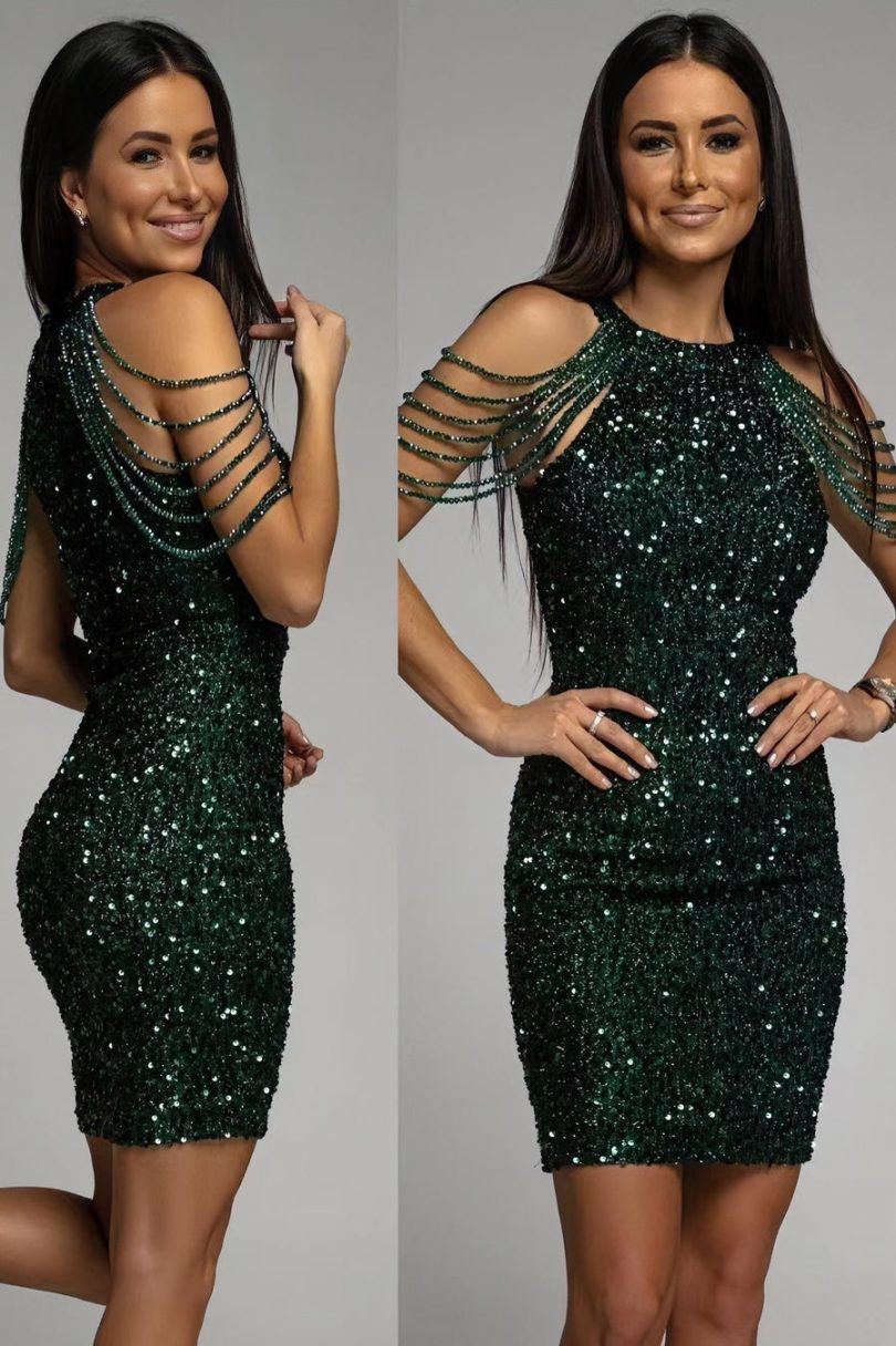 Off-the-shoulder tassel hip-hugging crystal patchwork sequin dress - Image 6