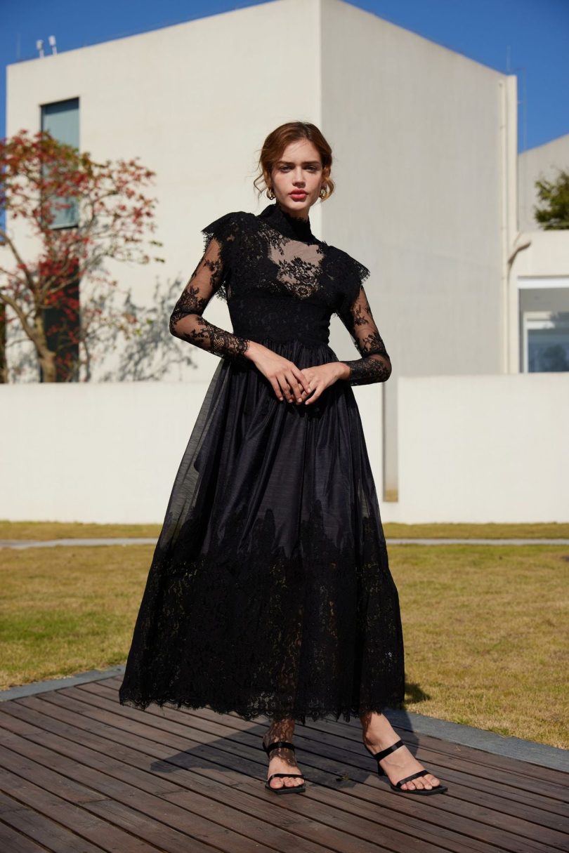 Long-sleeved lace mid-neck patchwork evening gown