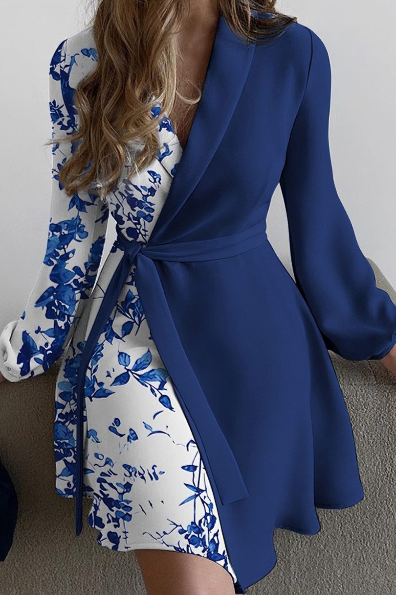 Elegant one-piece colorblock lace-up dress - Image 2