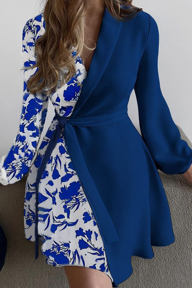 Elegant one-piece colorblock lace-up dress - Image 3