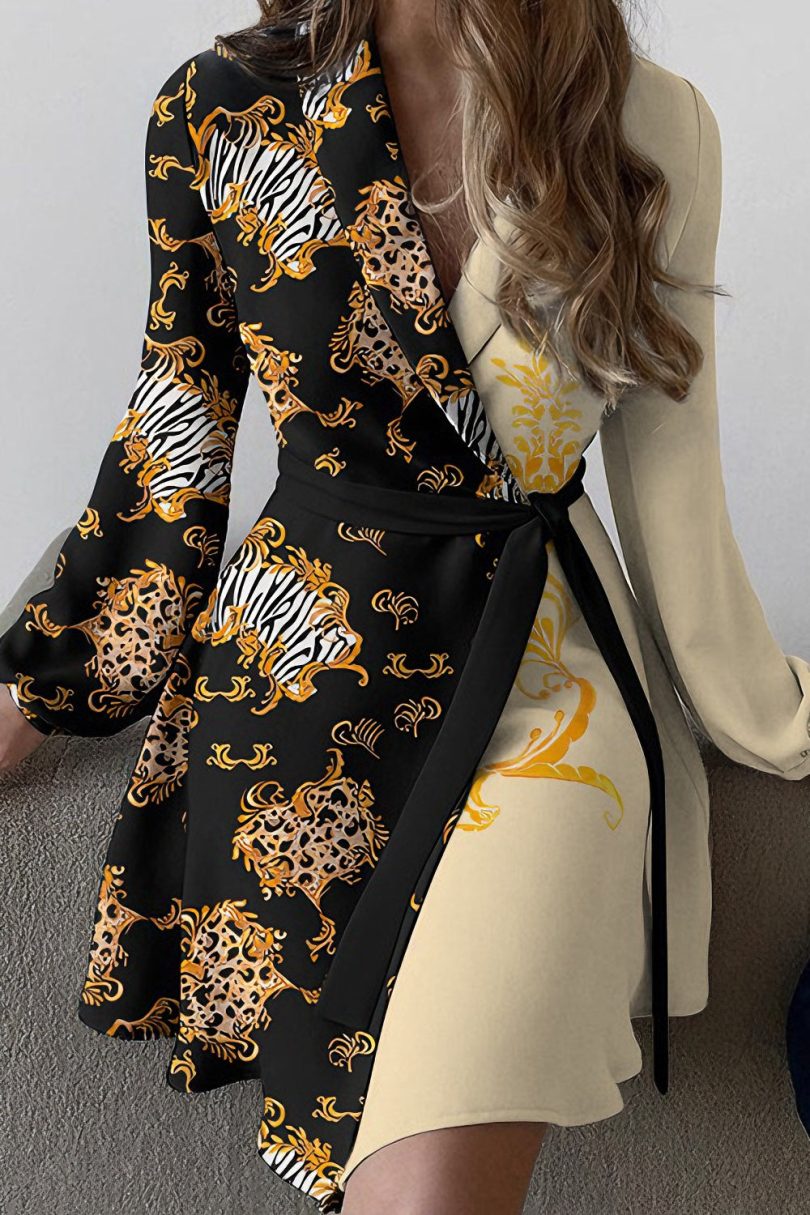 Elegant one-piece colorblock lace-up dress - Image 5