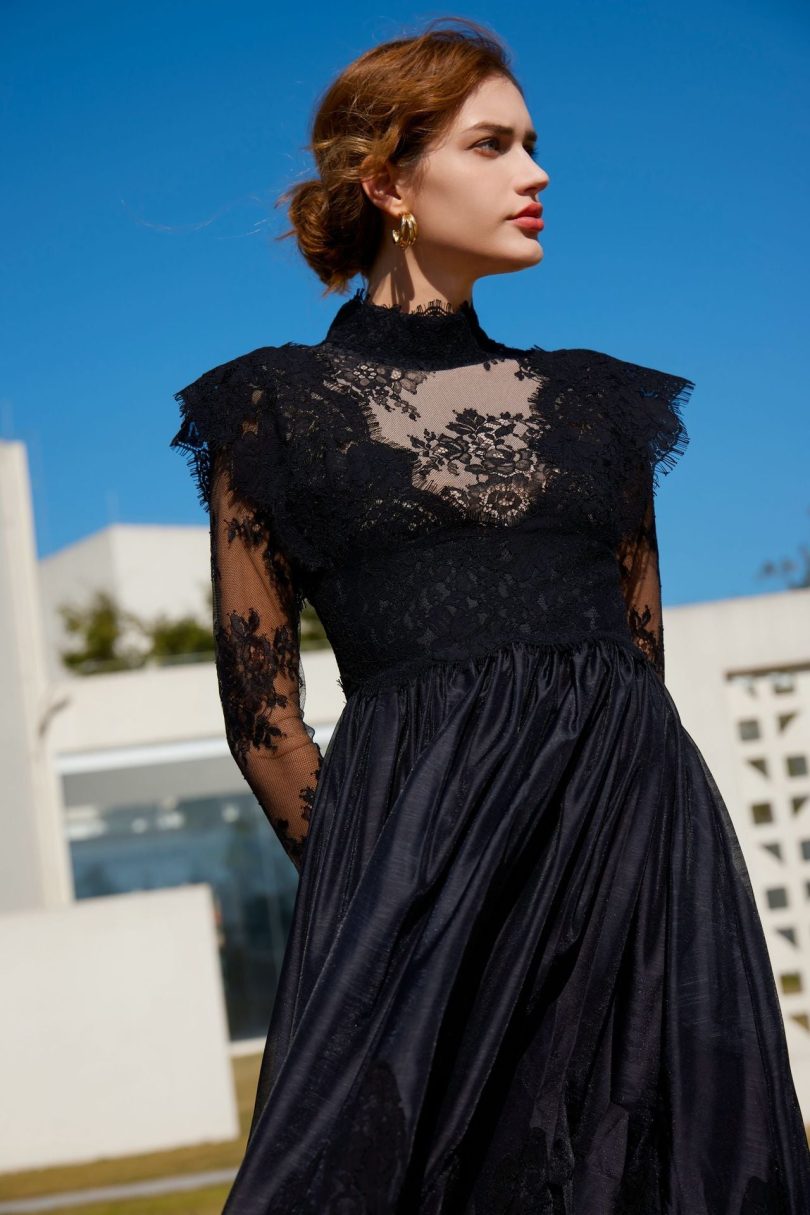 Long-sleeved lace mid-neck patchwork evening gown - Image 5