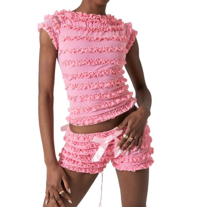 Cap sleeve ruffle bowknot lace up hollow out pant set - Image 4