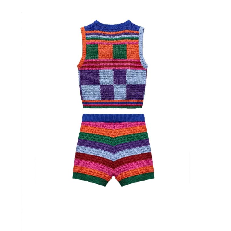 Plaid contrast striped sleeveless knitted short pant set y2k 90s Revival Techno Fashion - Image 2