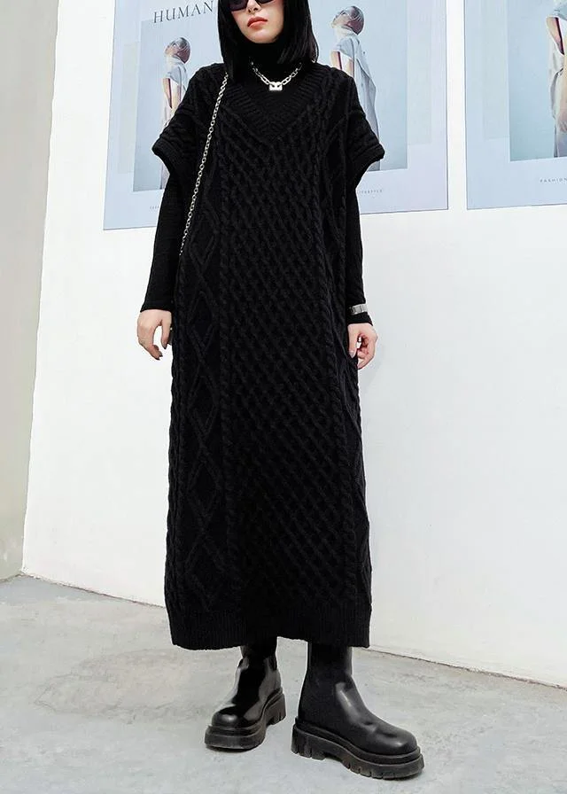 Vintage v neck sleeveless Sweater spring dress outfit Design black tunic knitted dress - Image 4