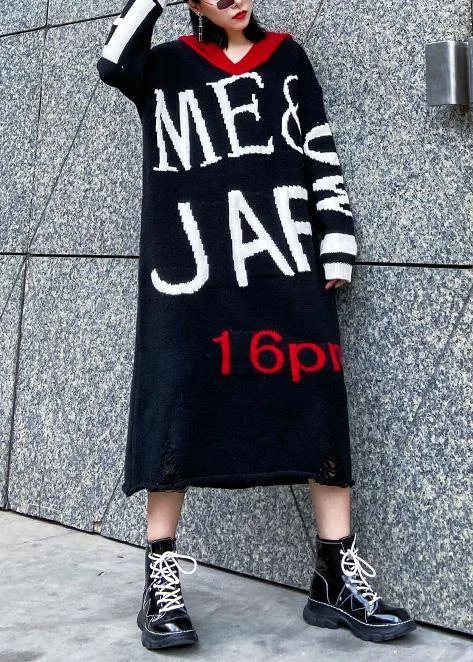 Cute black Sweater dress outfit Upcycle alphabet Fuzzy hooded sweater dress - Image 4