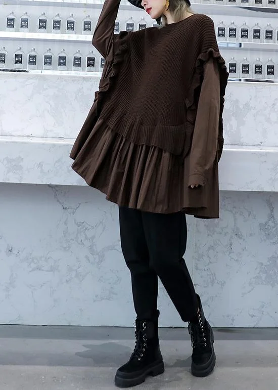 Chunky chocolate knit sweat tops fall fashion o neck false two pieces tops - Image 4