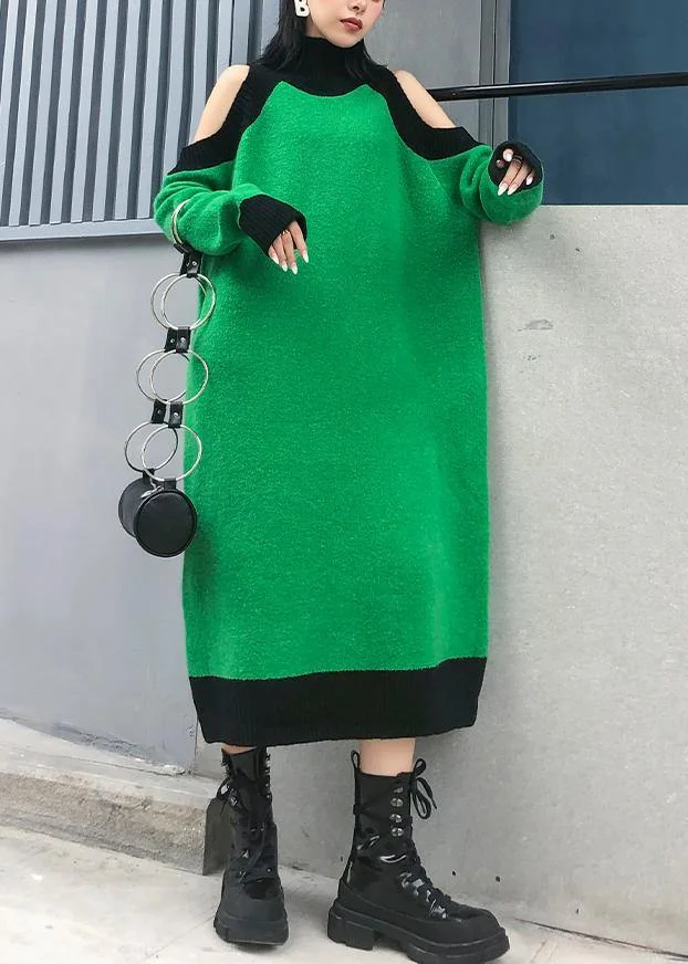 Aesthetic green Sweater Wardrobes DIY high neck Funny off the shoulder sweater dresses - Image 5