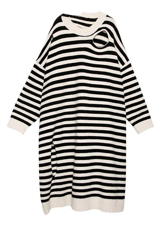 Women beige striped Sweater outfits Design o neck Hole DIY sweater dresses - Image 5