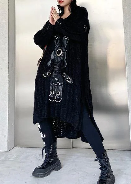 For Work black Sweater dress outfit Moda hollow out daily low high design sweater dress - Image 3