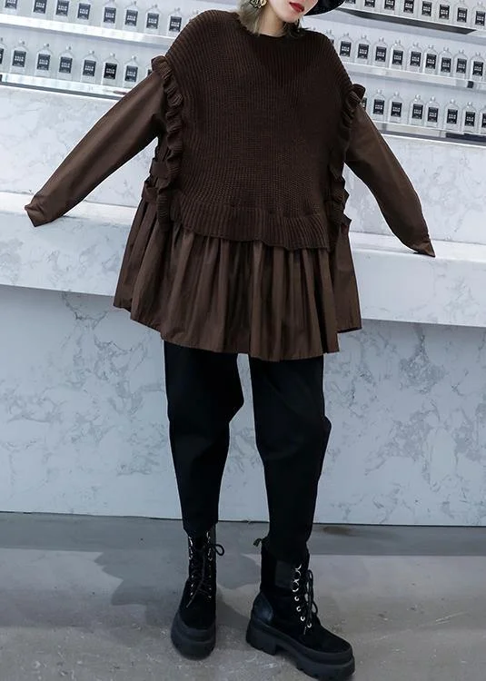 Chunky chocolate knit sweat tops fall fashion o neck false two pieces tops - Image 3