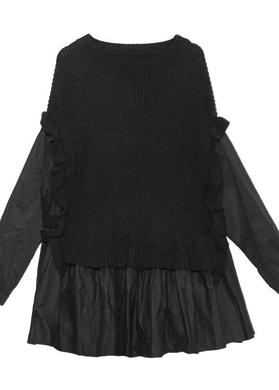 Chunky chocolate knit sweat tops fall fashion o neck false two pieces tops - Image 2