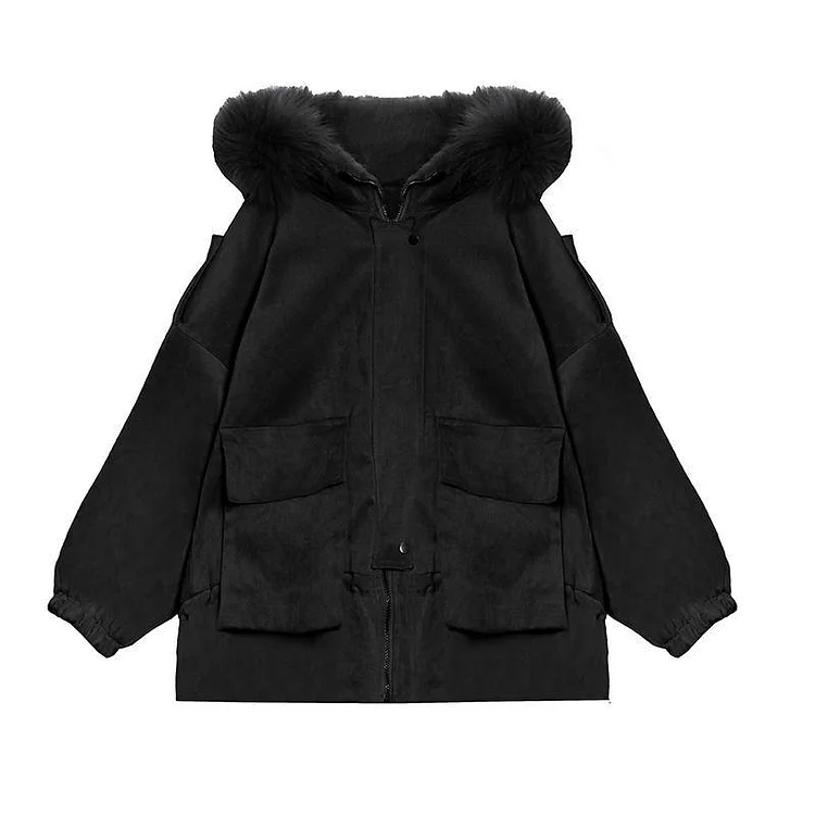 New plus size warm winter coat black hooded faux fur collar casual outfit - Image 5
