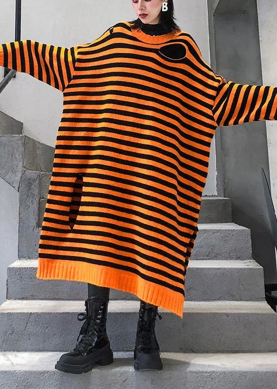 Aesthetic o neck Hole Sweater fall dress DIY orange striped daily knitted dress - Image 2