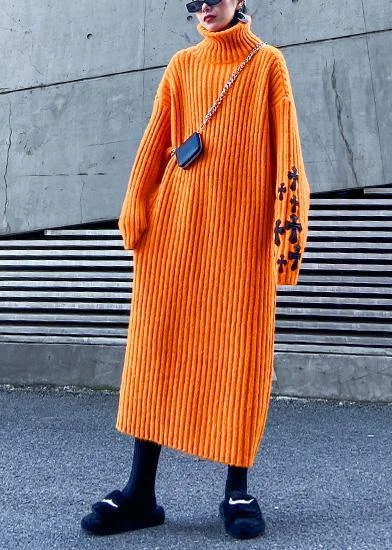 Knitted orange Sweater weather Street Style Appliques Tejidos high neck sweater dresses