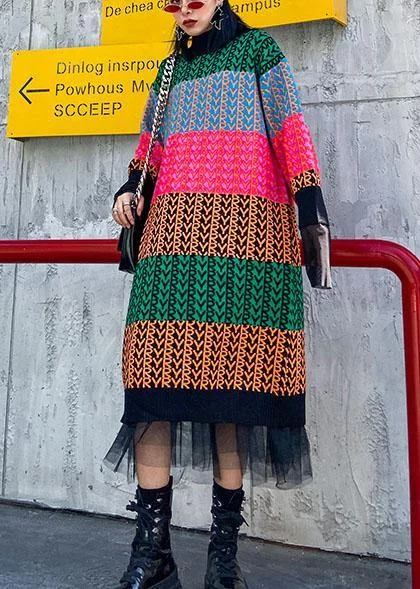 Knitted rainbow Sweater dress outfit Beautiful o neck spring sweater dress - Image 3