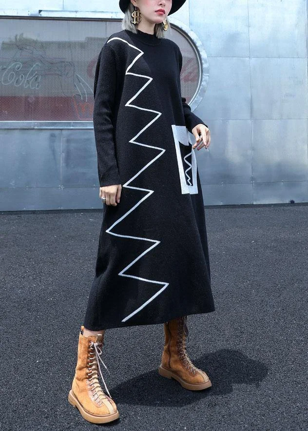 Women black Sweater dresses DIY patchwork color Ugly fall knitwear - Image 3