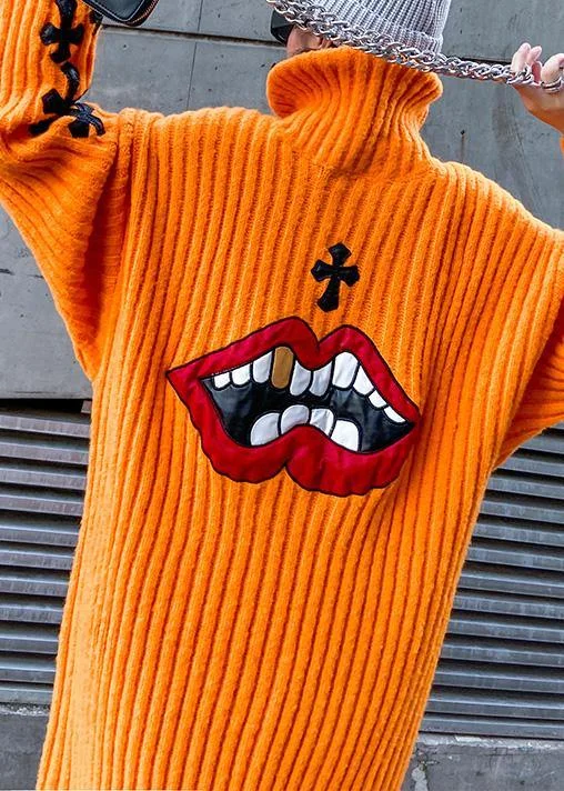 Knitted orange Sweater weather Street Style Appliques Tejidos high neck sweater dresses - Image 3