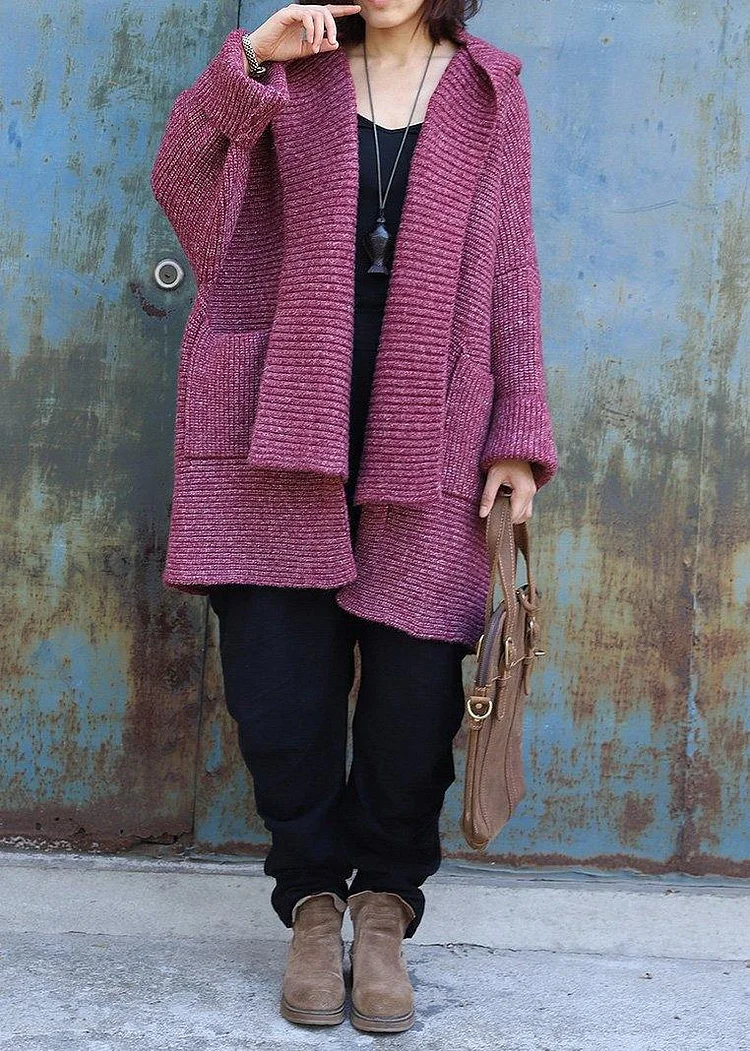 Cute hooded knitted coat oversize red two big pockets sweater coat - Image 4