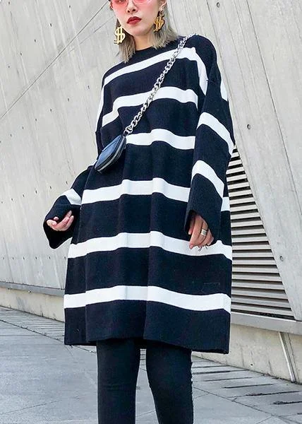 Cozy black white striped knitwear o neck baggy sweater tops - Image 2