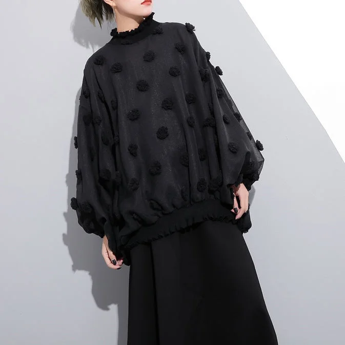 boutique black pure cotton blouse plus size traveling clothing Elegant fuzzy ball decorated cotton blouses - Image 3