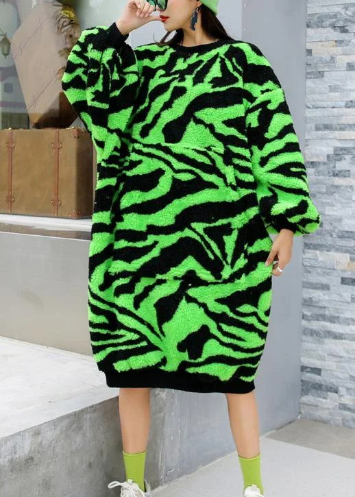 Comfy O Neck Thick Sweater Dress Outfit Plus Size Green Striped Knitwear Dress