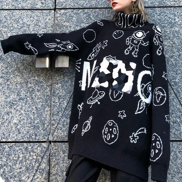 Pullover black Letter knit blouse high neck Loose fitting sweaters - Image 2