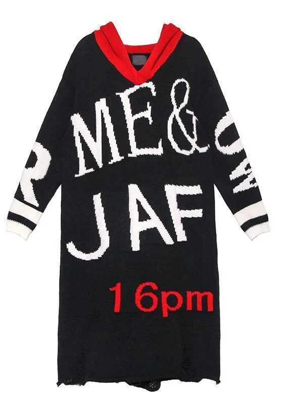 Cute black Sweater dress outfit Upcycle alphabet Fuzzy hooded sweater dress - Image 3