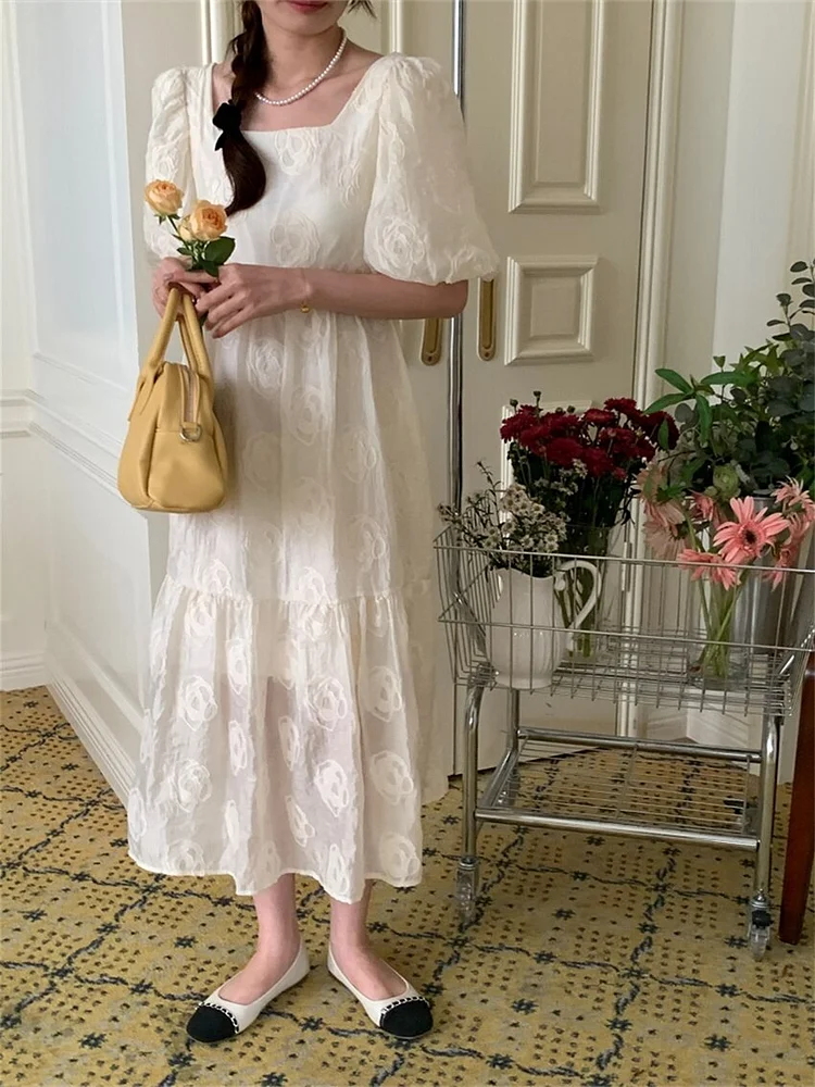 Princess Beige Square Collar Rose Printed High Waist Puff Sleeve Dress - Image 3