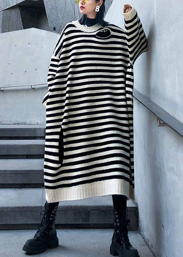 Women beige striped Sweater outfits Design o neck Hole DIY sweater dresses - Image 3
