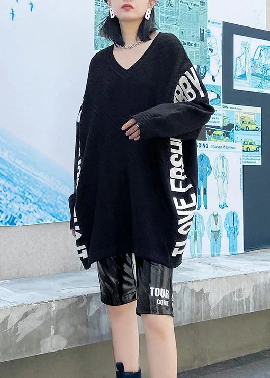 Aesthetic fall black Letter sweaters casual o neck knitted t shirt - Image 3