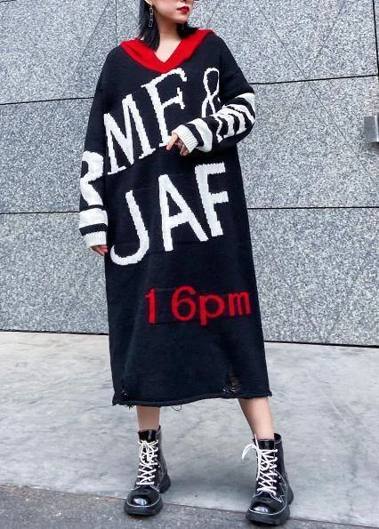 Cute black Sweater dress outfit Upcycle alphabet Fuzzy hooded sweater dress - Image 2