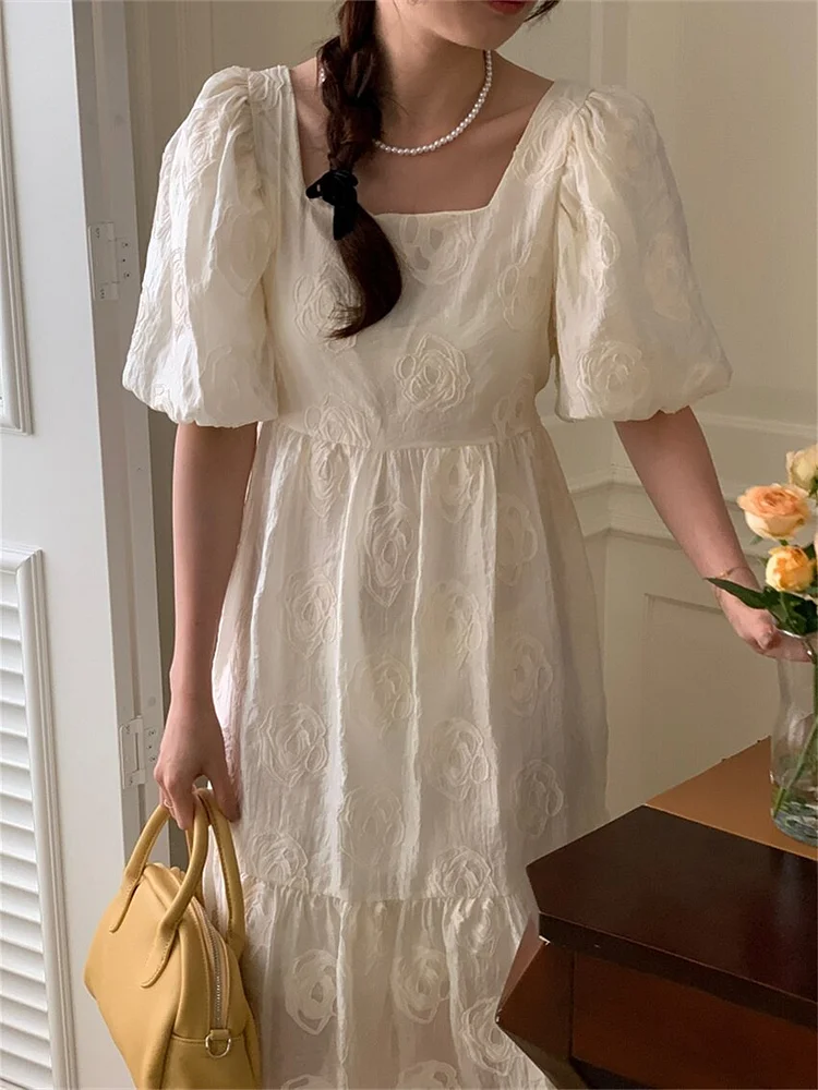 Princess Beige Square Collar Rose Printed High Waist Puff Sleeve Dress - Image 5