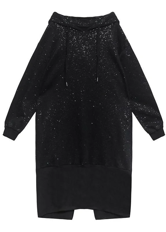 Sweater women's autumn winter loose hooded Plush shiny black dress