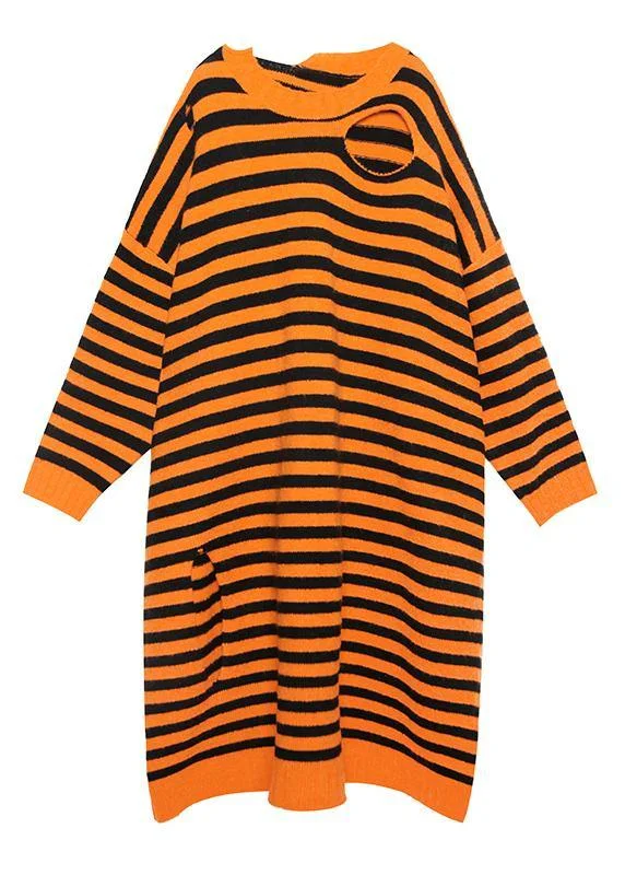 Aesthetic o neck Hole Sweater fall dress DIY orange striped daily knitted dress