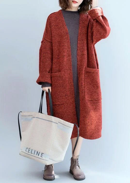 Winter fall sweaters oversized red pockets patchwork sweater coat - Image 4
