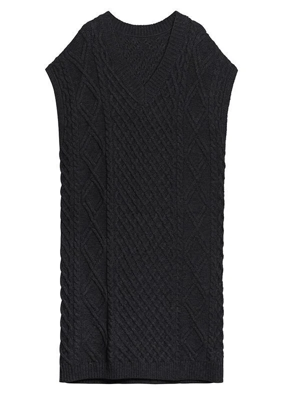 Vintage v neck sleeveless Sweater spring dress outfit Design black tunic knitted dress - Image 3