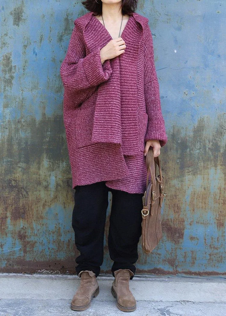 Cute hooded knitted coat oversize red two big pockets sweater coat