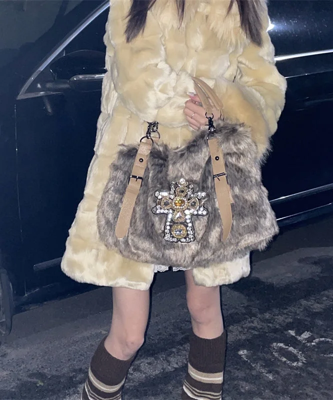 Fashion Khaki Zircon Large Capacity Mink Hair Tote Handbag