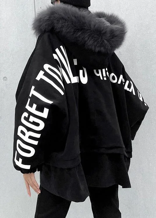 Casual black Letter coats plus size snow jackets faux fur collar pockets coats - Image 4