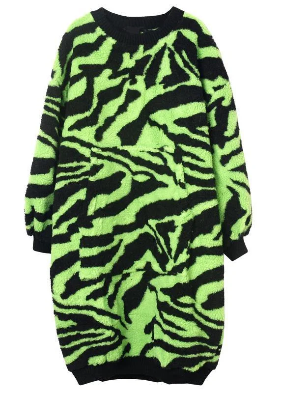 Comfy O Neck Thick Sweater Dress Outfit Plus Size Green Striped Knitwear Dress - Image 2