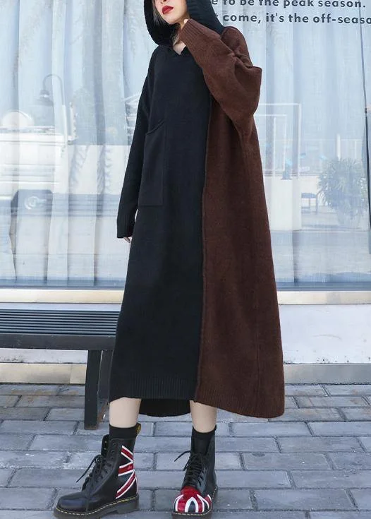 Cute brown patchwork Sweater Aesthetic Women hooded winter knitted tops - Image 5