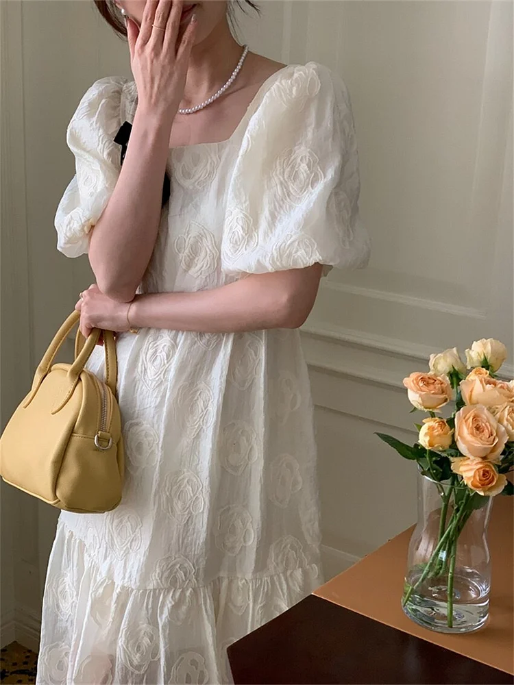 Princess Beige Square Collar Rose Printed High Waist Puff Sleeve Dress
