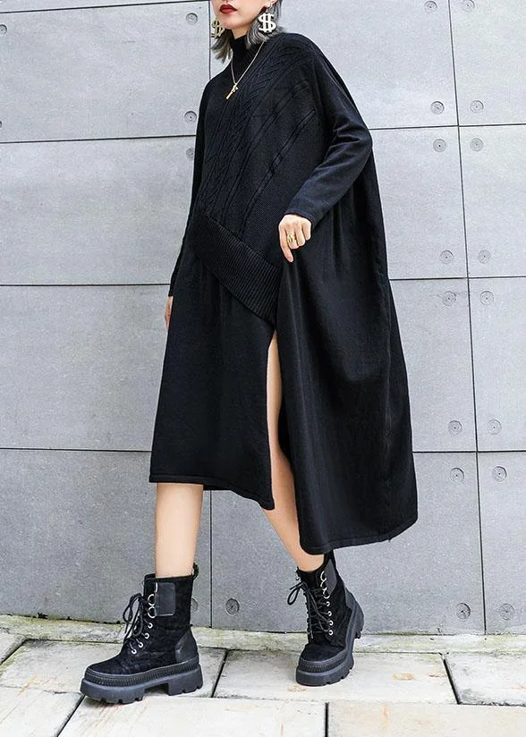 Cute black Sweater dress outfit plus size side open asymmetric oversized fall knit top - Image 5