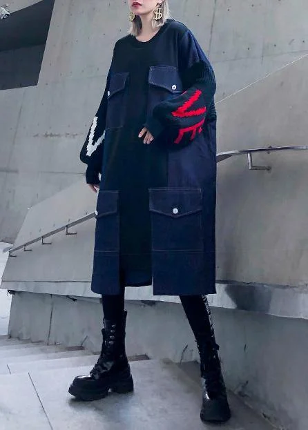 Vintage black patchwork denim blue Sweater dresses Quotes pockets baggy sweater dresses - Image 5