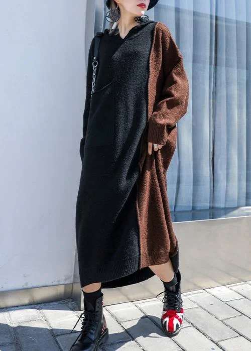 Cute brown patchwork Sweater Aesthetic Women hooded winter knitted tops - Image 3