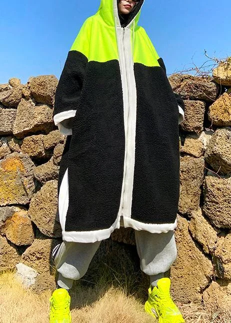 Luxury green fuzzy wool coat hooded patchwork coat - Image 4